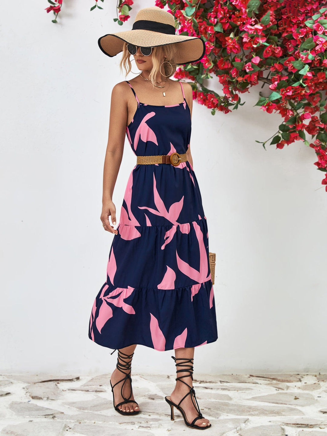 Printed Spaghetti Strap Tiered Midi Dress - Runway Frenzy