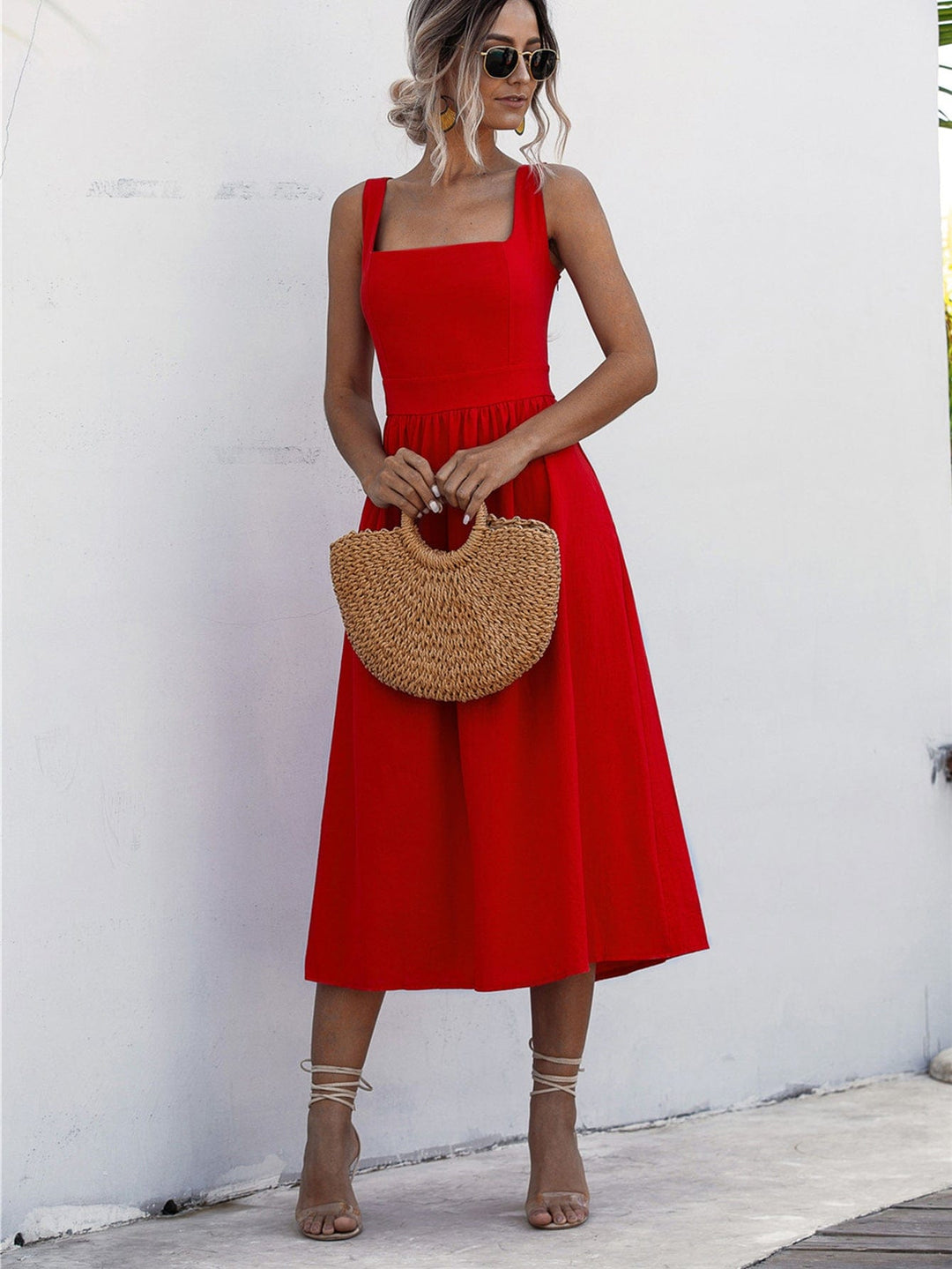 Square Neck Sleeveless Smocked Midi Dress - Runway Frenzy 