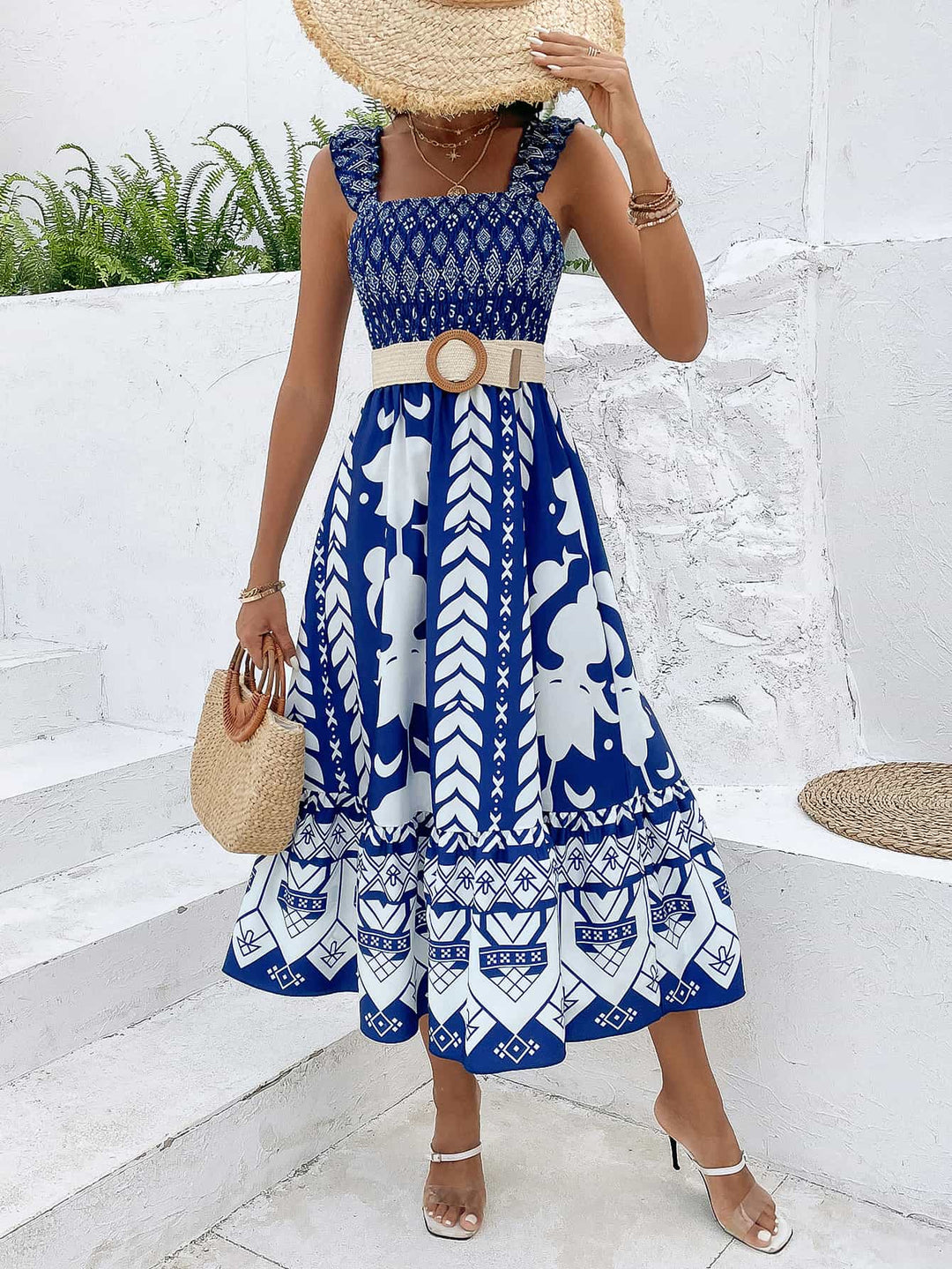 Printed Square Neck Sleeveless Midi Dress - Runway Frenzy