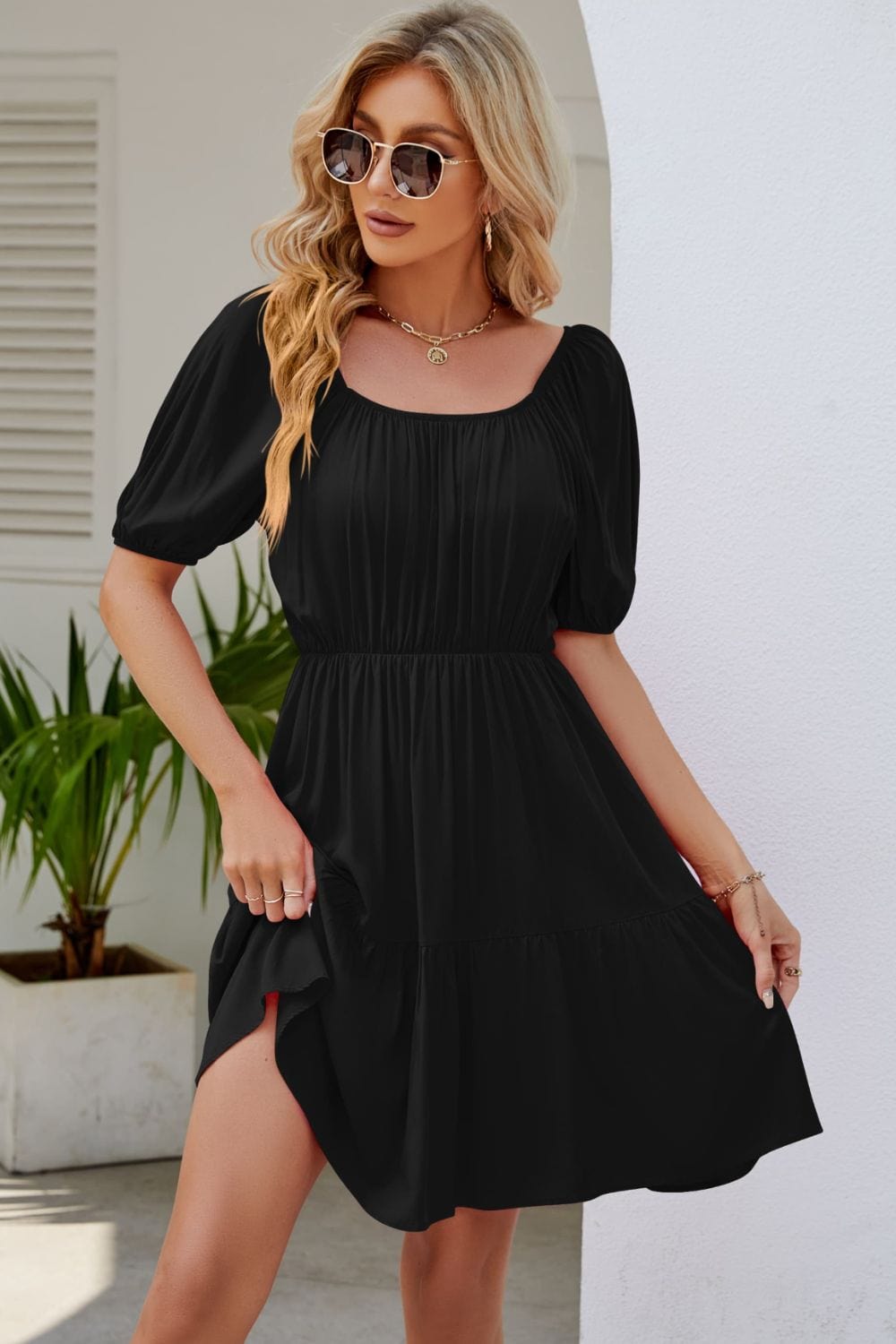 Ruched Square Neck Puff Sleeve Mini Dress - Runway Frenzy 