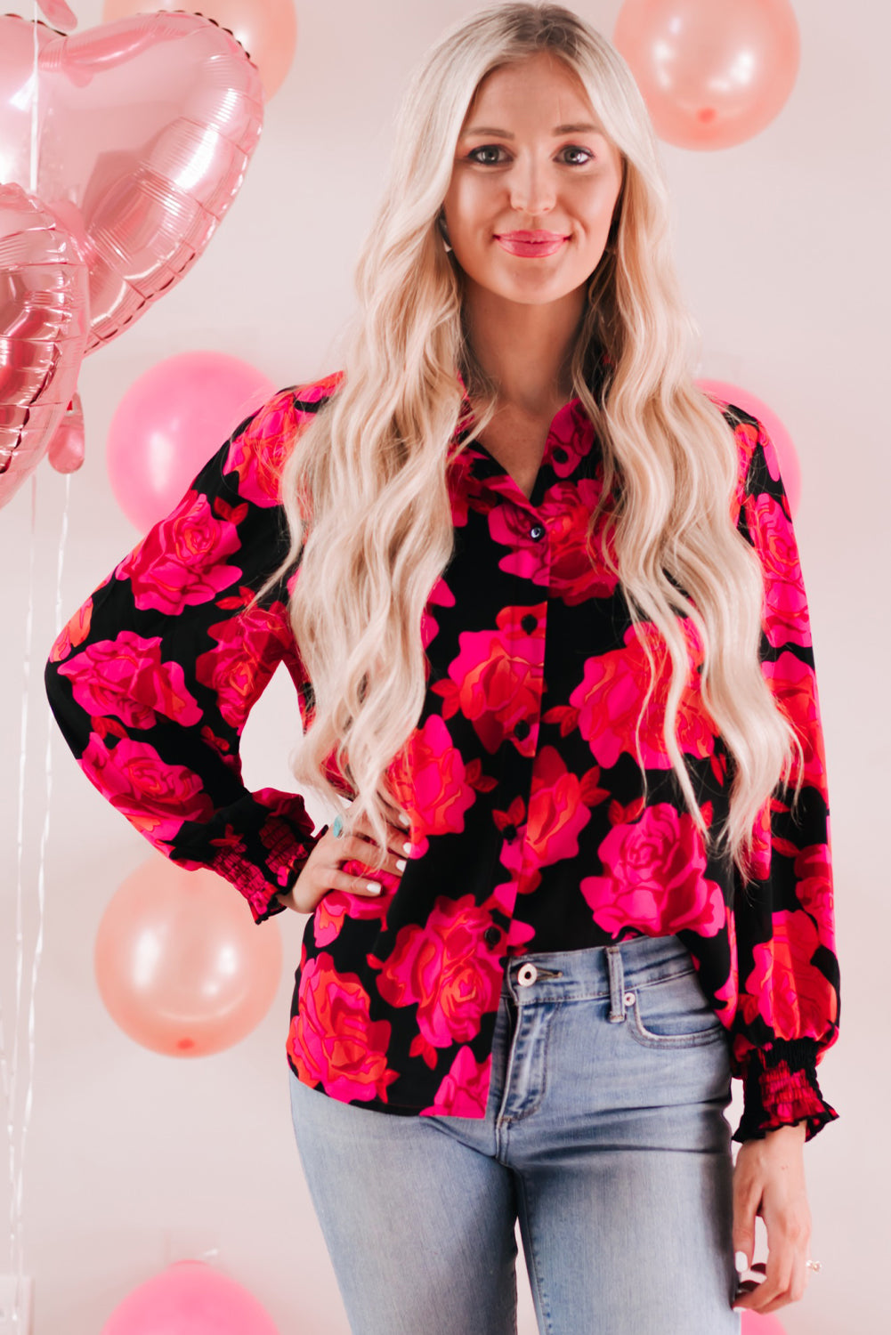 Floral Button Front Lantern Sleeve Shirt - Runway Frenzy