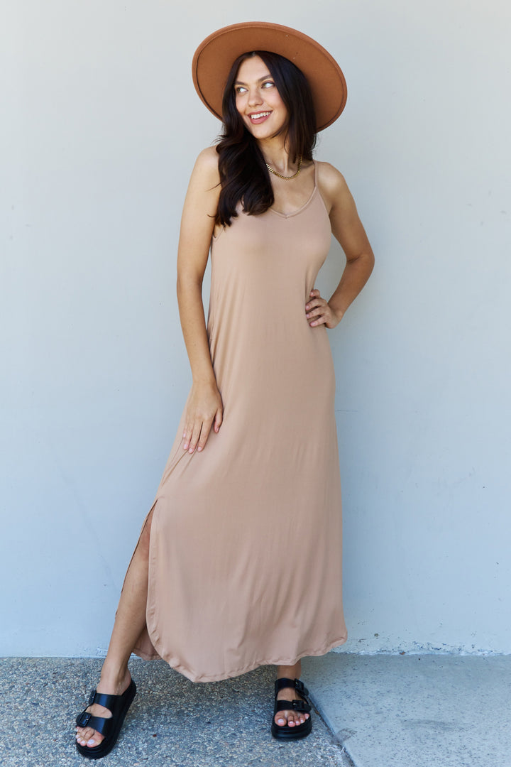 Ninexis Good Energy Full Size Cami Side Slit Maxi Dress in Camel - Runway Frenzy 