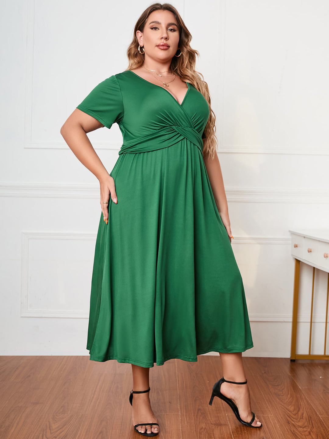 Plus Size Short Sleeve Surplice Neck Midi Dress - Runway Frenzy 