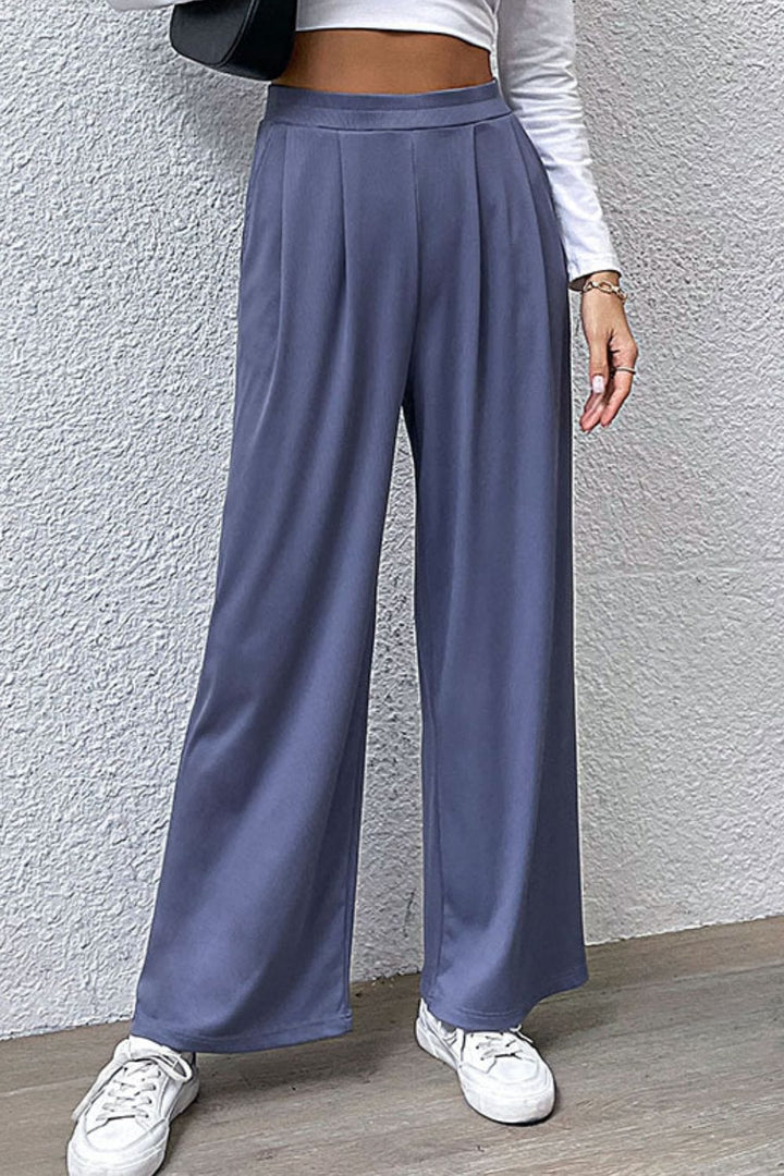 Pleated Detail Wide-Leg Pants with Pockets - Runway Frenzy 