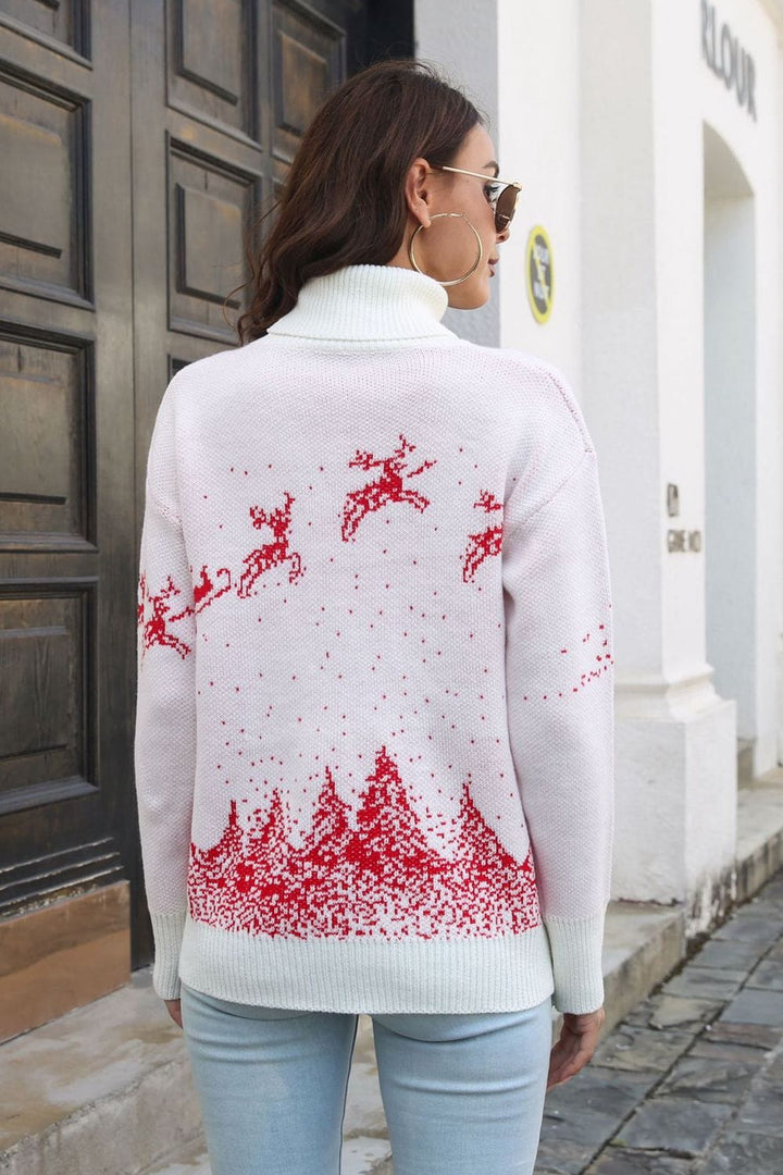 Reindeer & Snow Pattern Turtle Neck Pullover Sweater - Runway Frenzy 