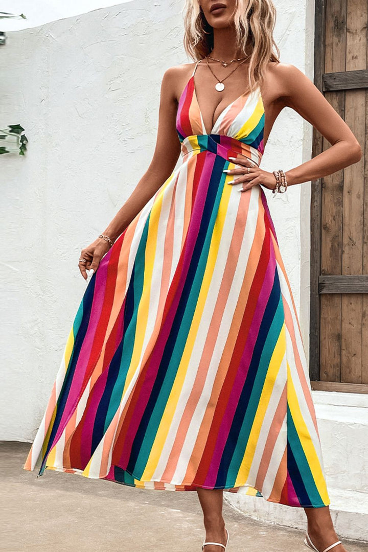 Multicolored Stripe Crisscross Backless Dress - Runway Frenzy 