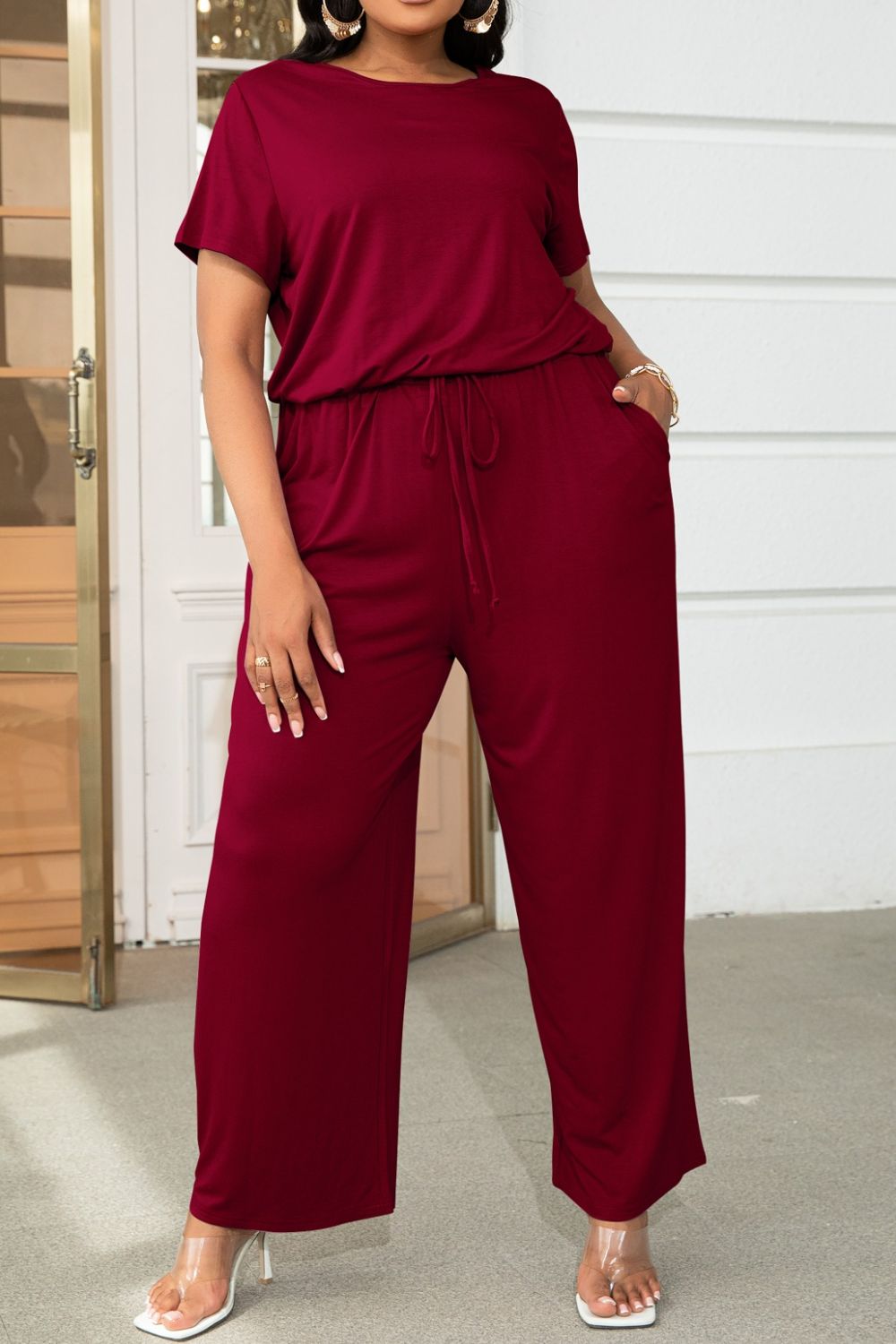 Plus Size Drawstring Waist Short Sleeve Jumpsuit - Runway Frenzy 