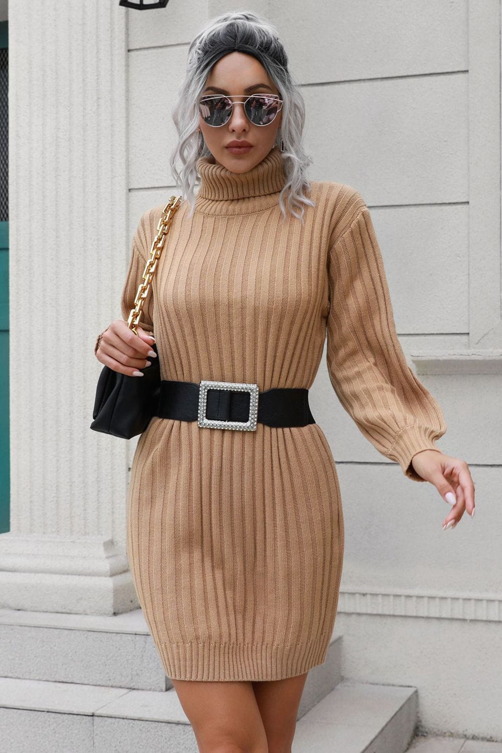 Ribbed Turtle Neck Long Sleeve Mini Sweater Dress - Runway Frenzy 