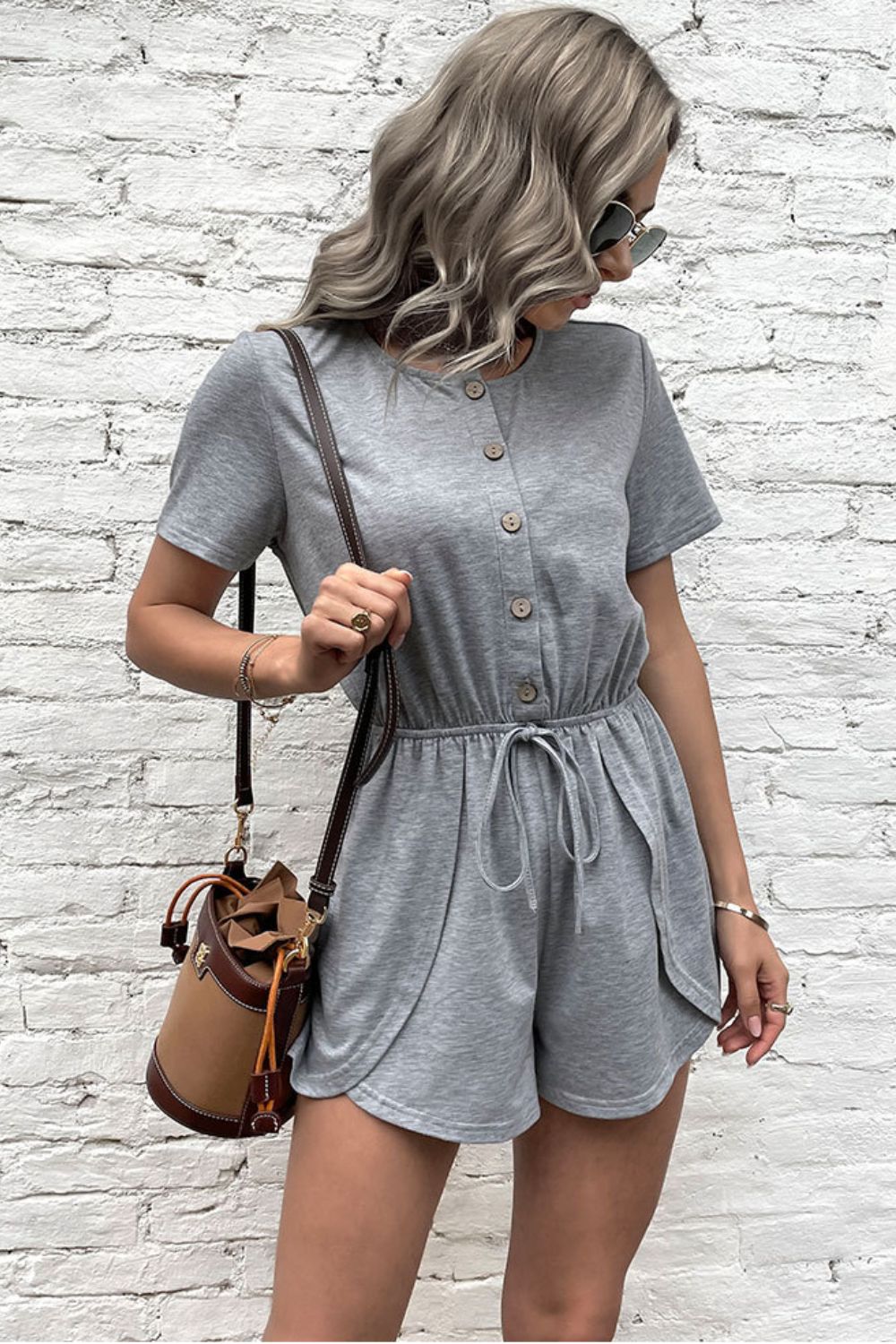 Buttoned Drawstring Round Neck Romper - Runway Frenzy