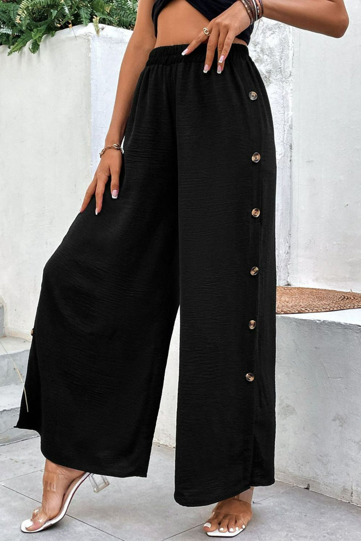 Button Detail Elastic Waist Wide Leg Pants - Runway Frenzy