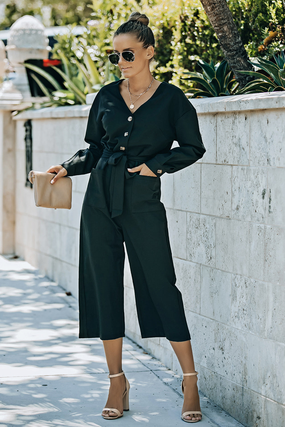 Belted Button Front Cropped Jumpsuit - Runway Frenzy