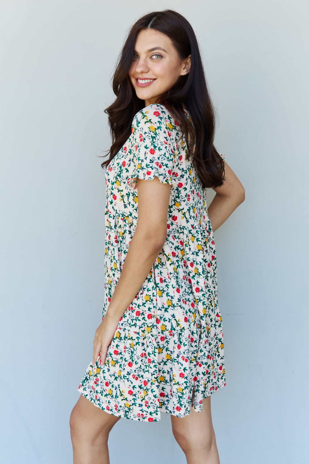 Ninexis Follow Me Full Size V-Neck Ruffle Sleeve Floral Dress - Runway Frenzy 