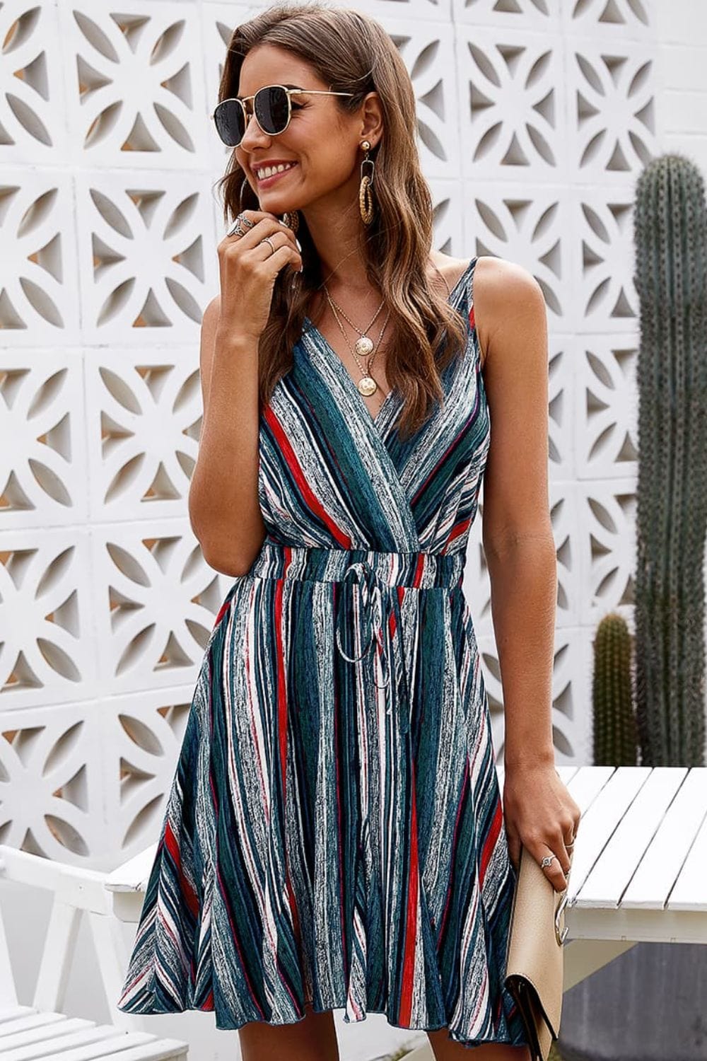 Striped Surplice Neck Spaghetti Strap Dress - Runway Frenzy 