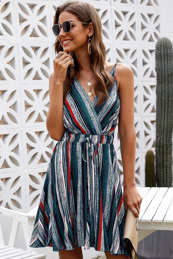 Striped Surplice Neck Spaghetti Strap Dress - Runway Frenzy 