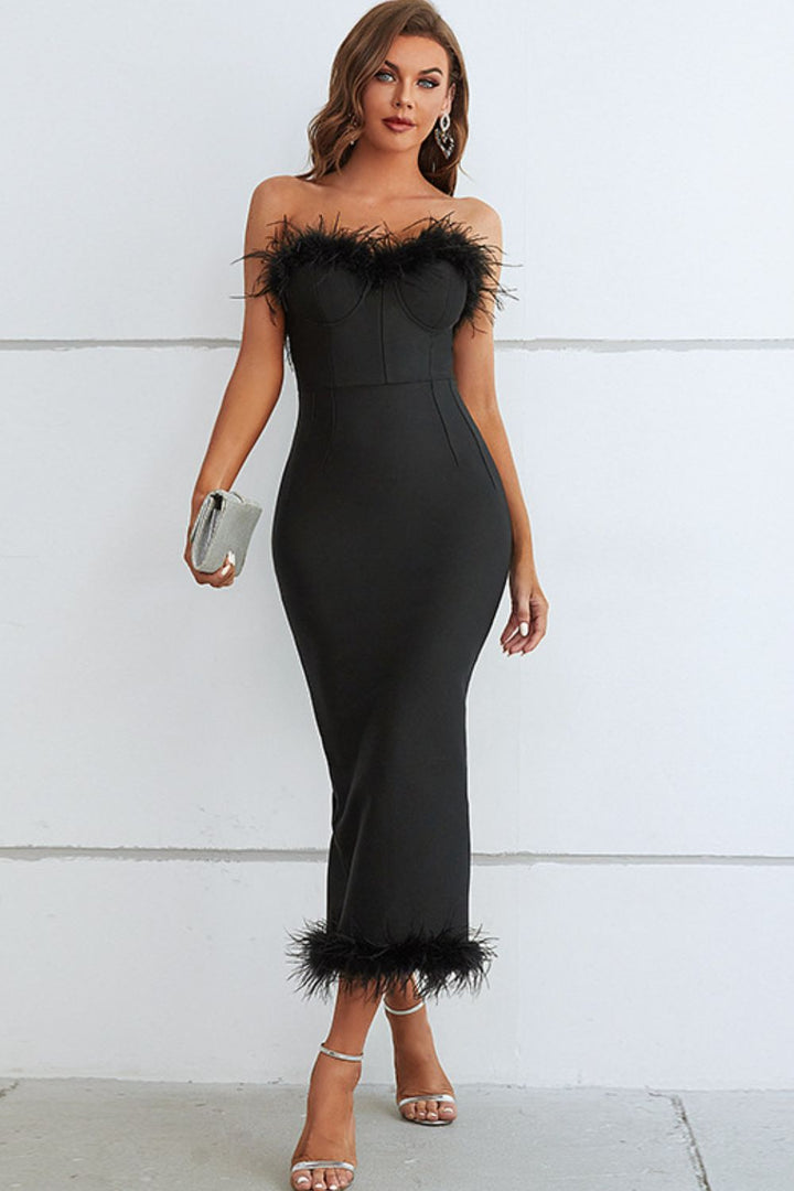 Feather Trim Strapless Sweetheart Neck Dress - Runway Frenzy