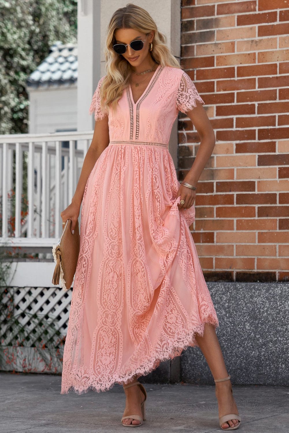 Scalloped Trim Lace Plunge Dress - Runway Frenzy 