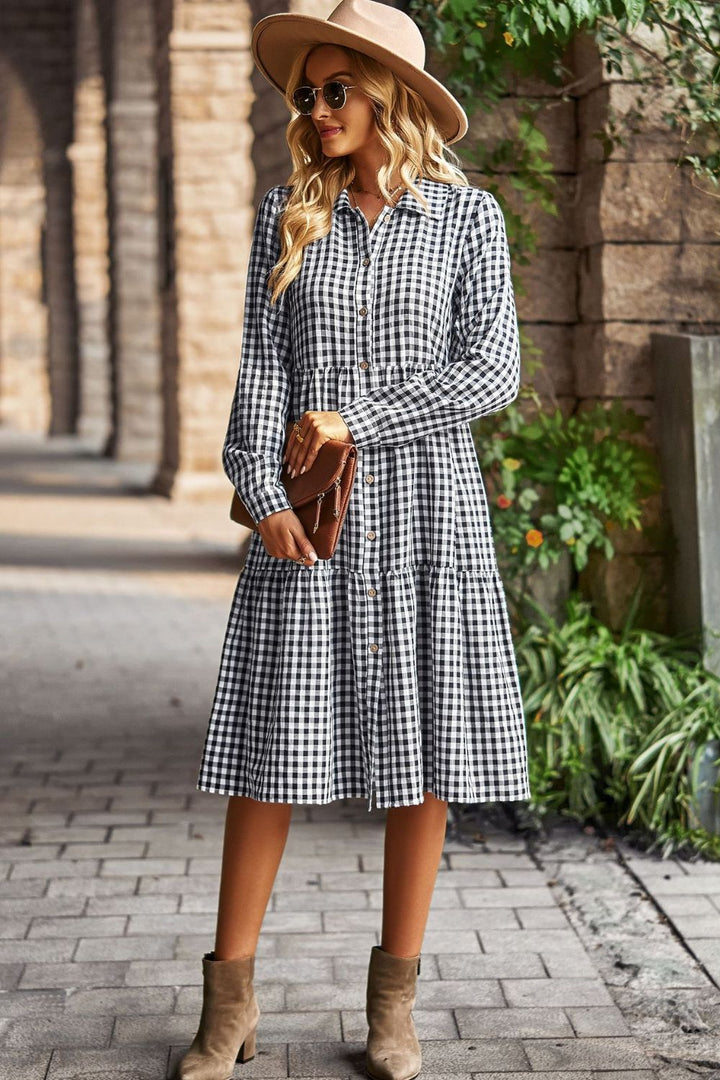 Collared Neck Long Sleeve Midi Dress - Runway Frenzy