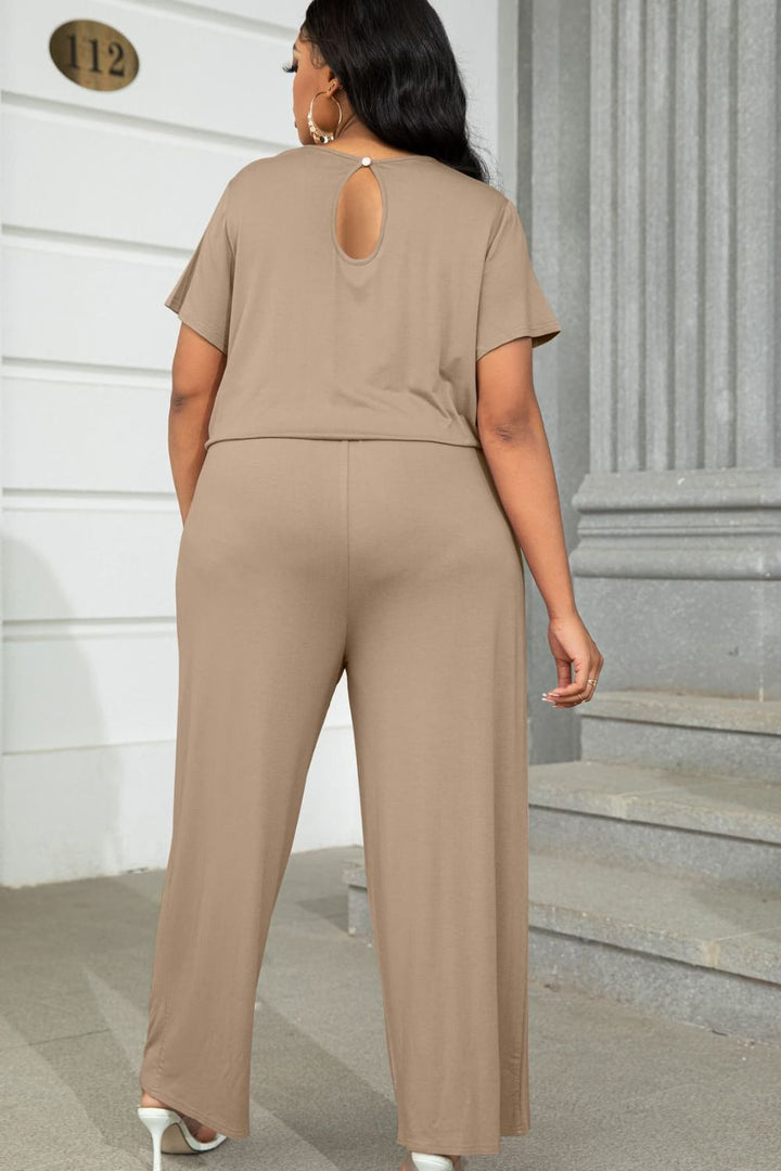 Plus Size Drawstring Waist Short Sleeve Jumpsuit - Runway Frenzy 