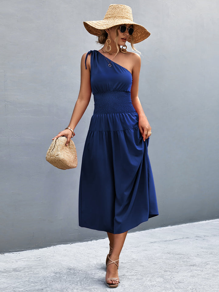 Asymmetrical One Shoulder Smocked Waist Midi Dress - Runway Frenzy