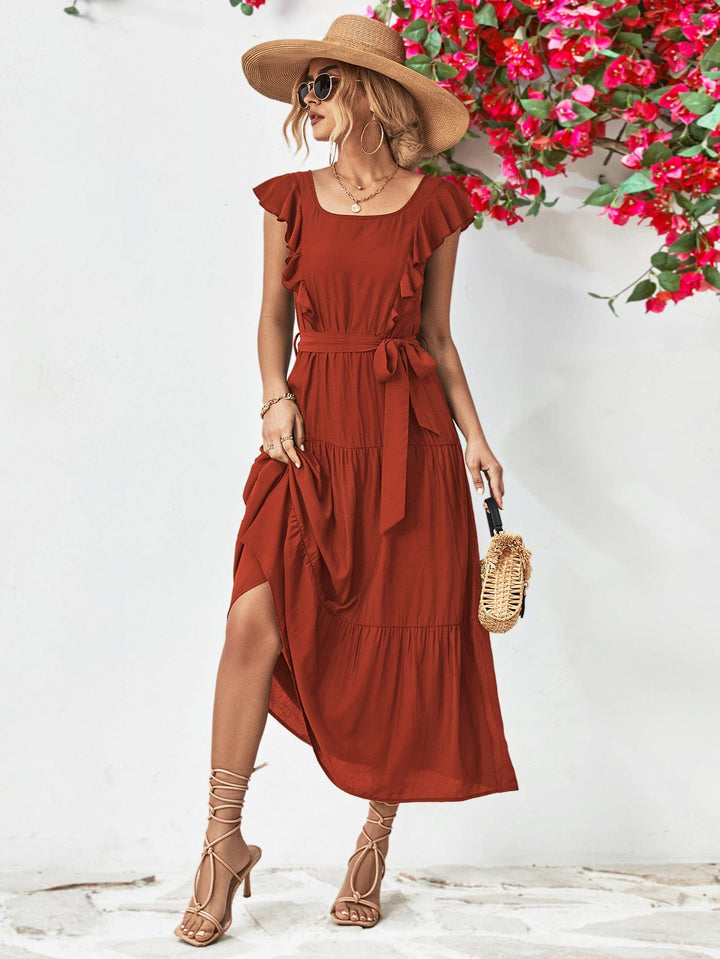 Tie Belt Ruffled Tiered Dress - Runway Frenzy 