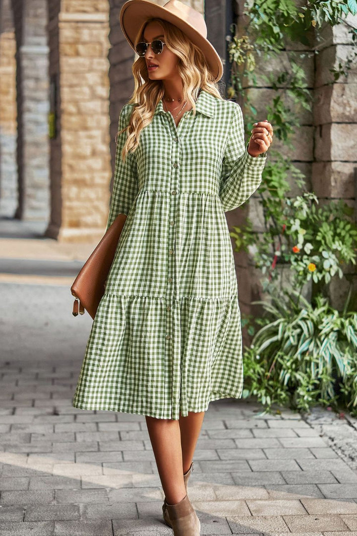 Collared Neck Long Sleeve Midi Dress - Runway Frenzy