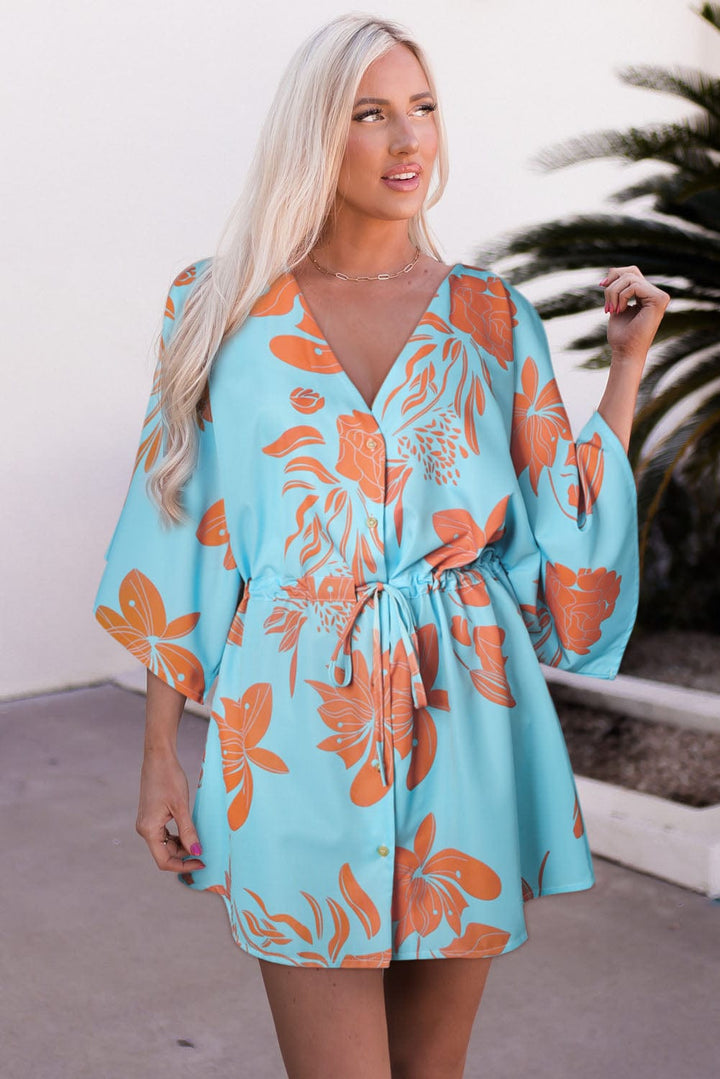 Printed V-Neck Drawstring Waist Dress - Runway Frenzy