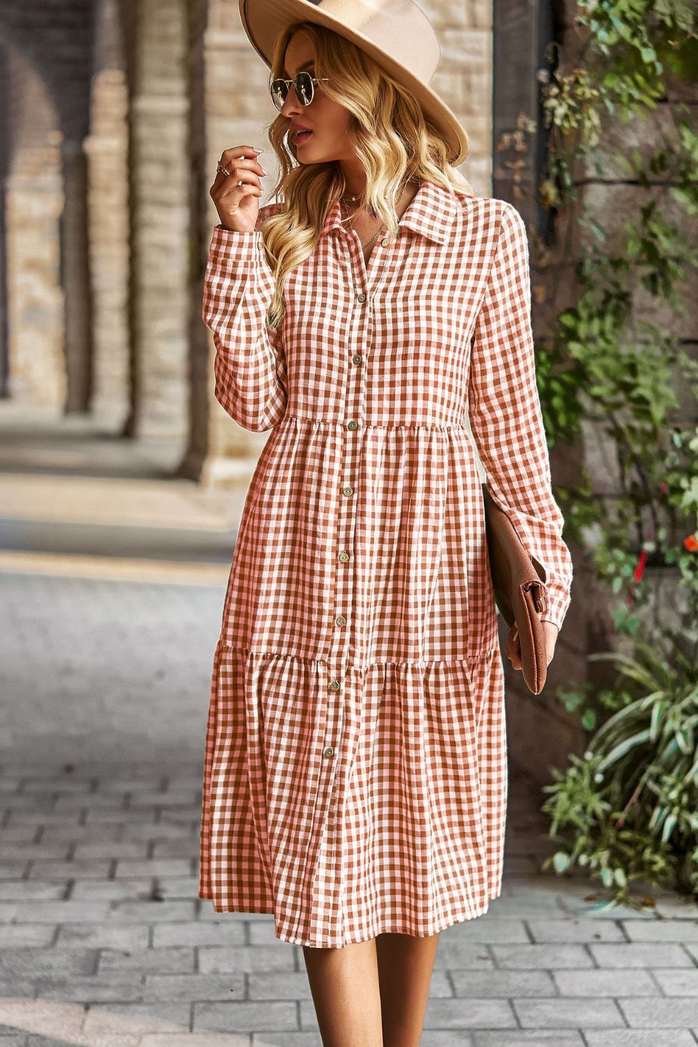 Collared Neck Long Sleeve Midi Dress - Runway Frenzy