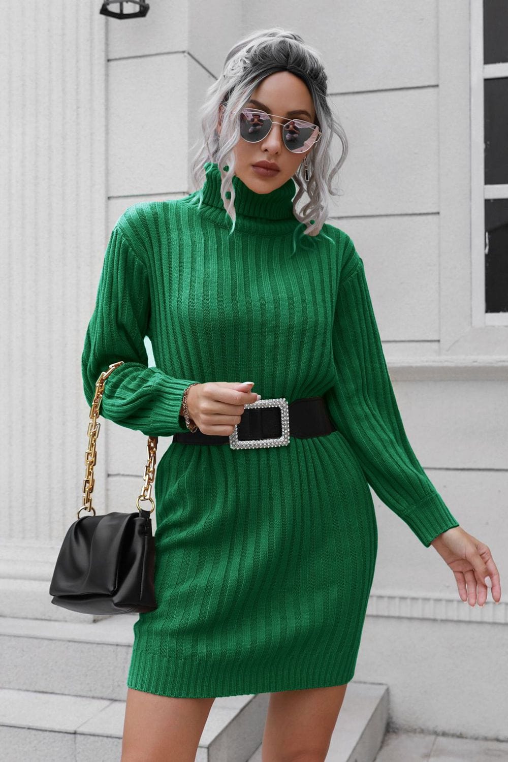 Ribbed Turtle Neck Long Sleeve Mini Sweater Dress - Runway Frenzy 