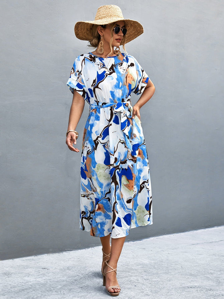 Round Neck Short Sleeve Tie Waist Midi Dress - Runway Frenzy 