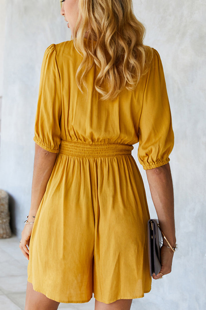 High Neck Button Smocked Waist Romper - Runway Frenzy