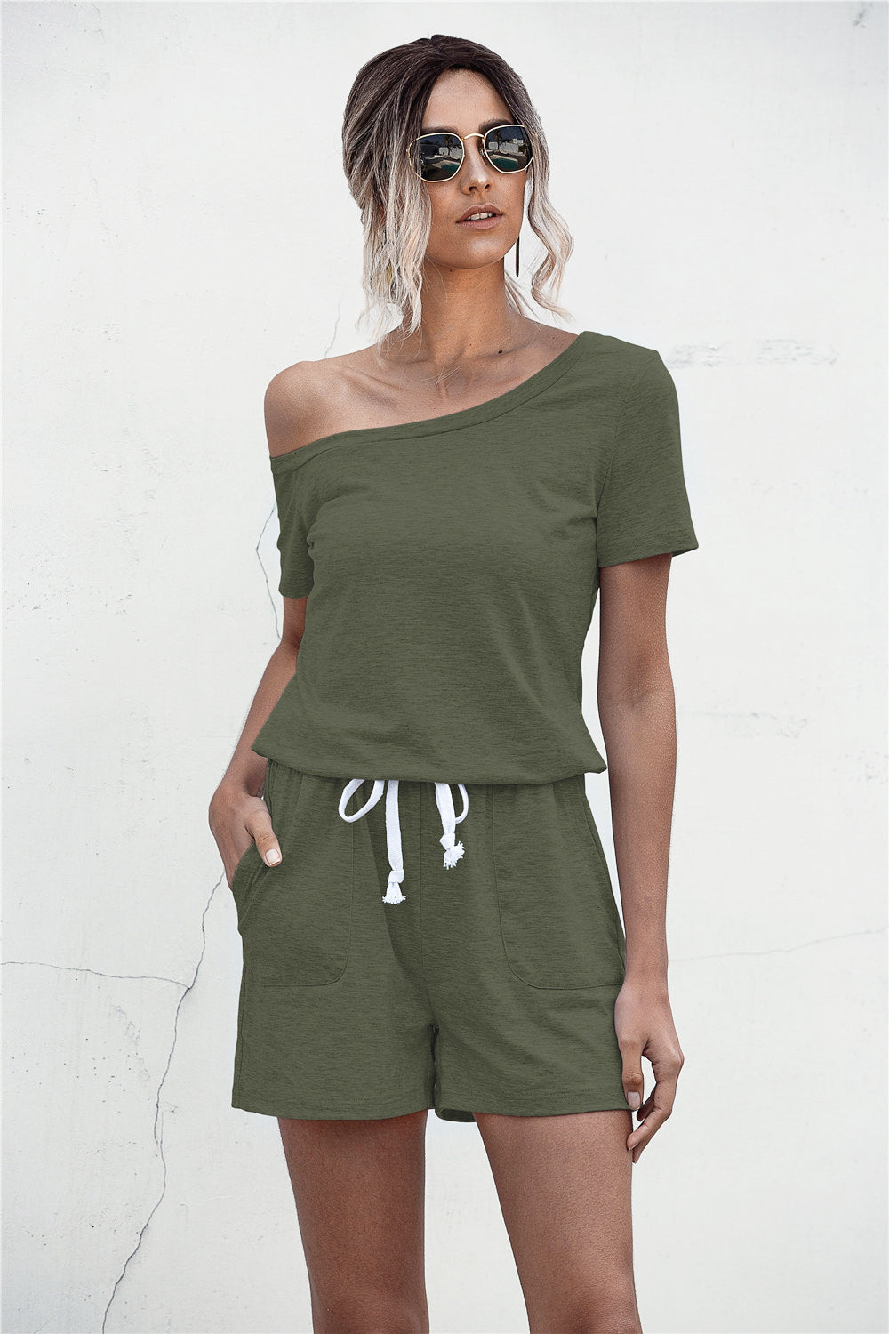 One Shoulder Tie Waist Romper - Runway Frenzy 