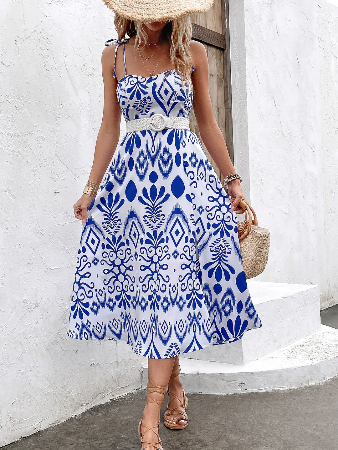 Printed Tie Shoulder Sweetheart Neck Dress - Runway Frenzy