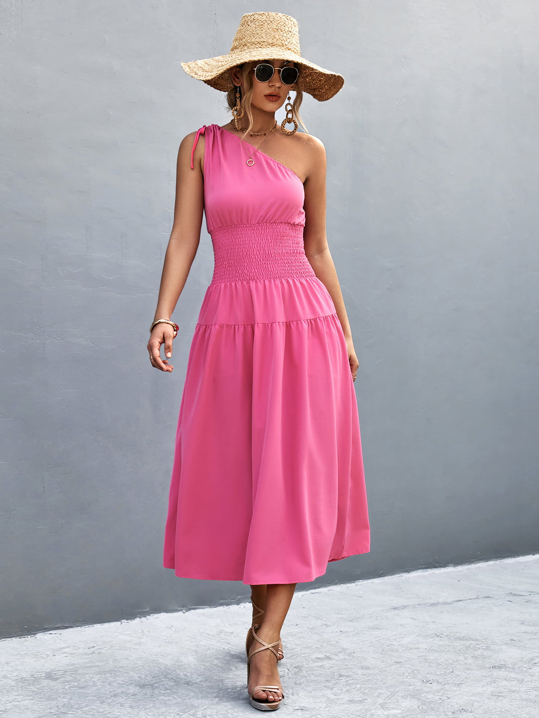 Asymmetrical One Shoulder Smocked Waist Midi Dress - Runway Frenzy