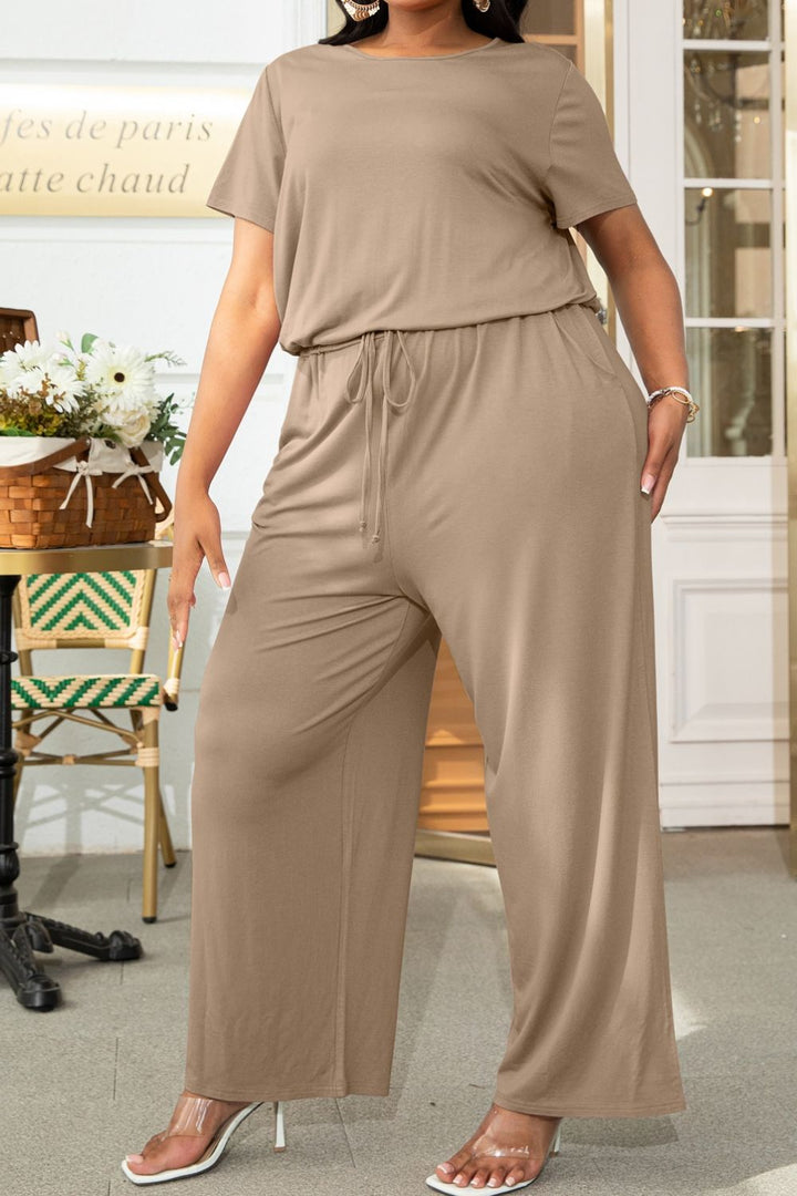 Plus Size Drawstring Waist Short Sleeve Jumpsuit - Runway Frenzy 