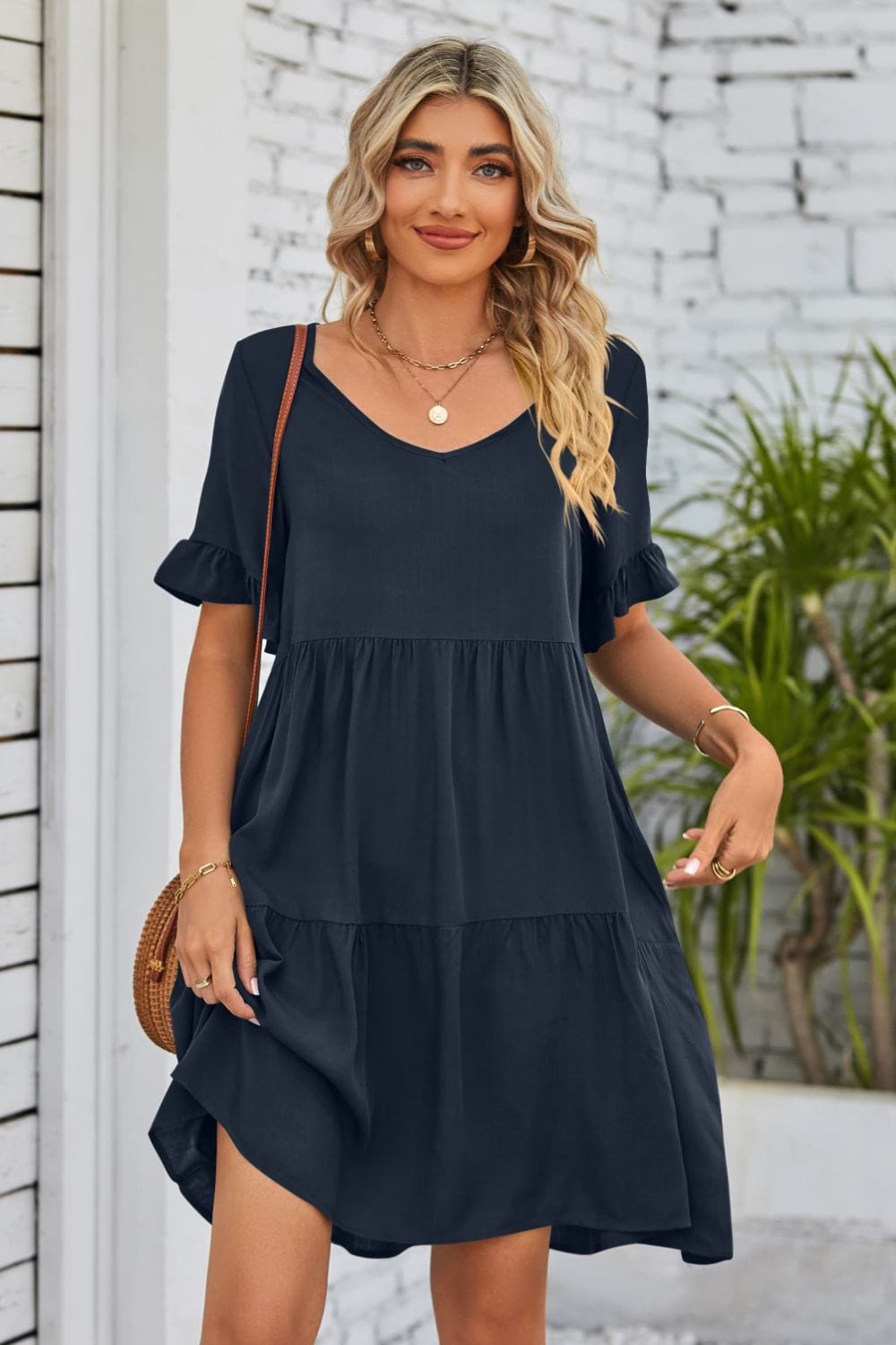 V-Neck Flounce Sleeve Tiered Dress - Runway Frenzy 