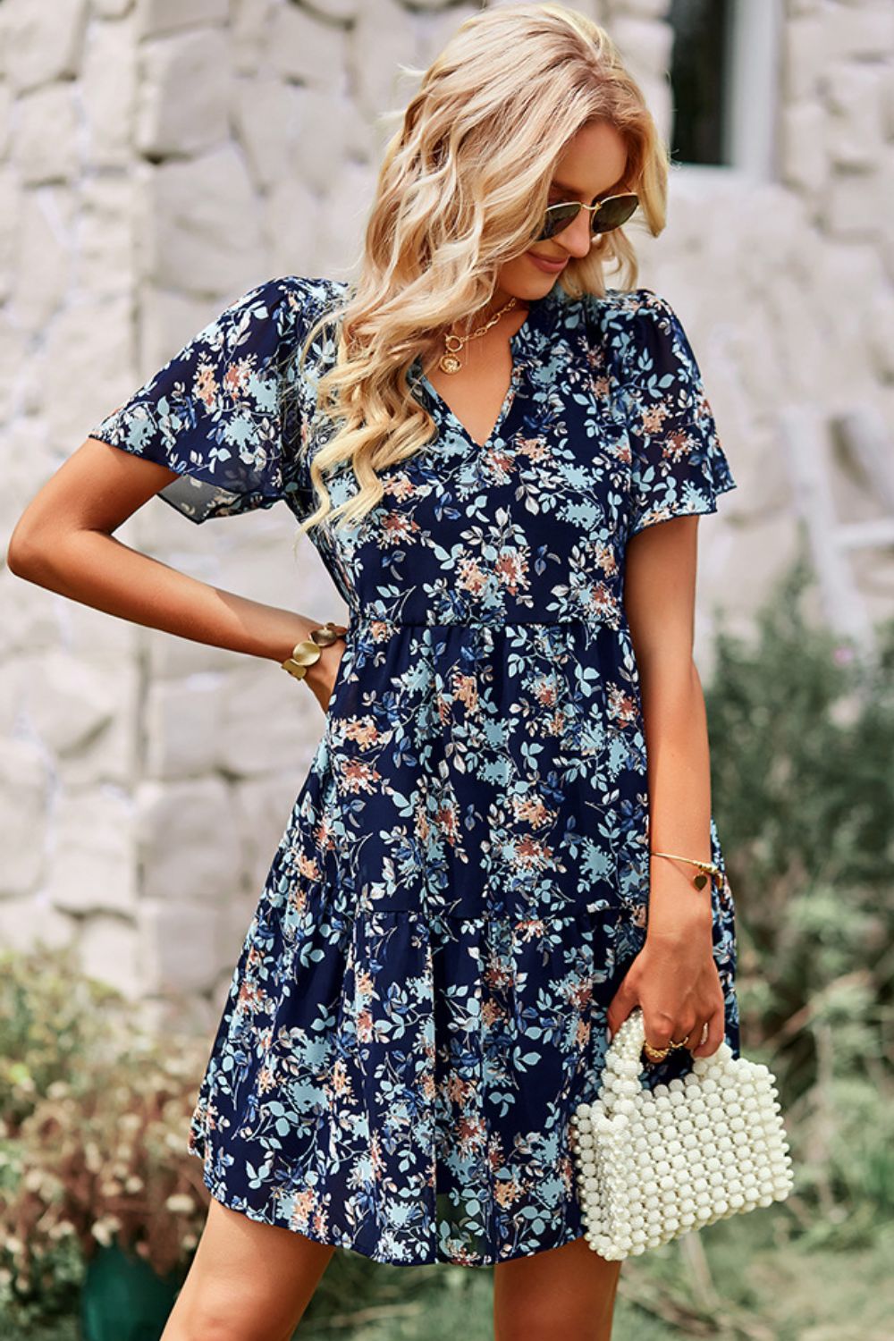 Floral Notched Flutter Sleeve Mini Dress - Runway Frenzy