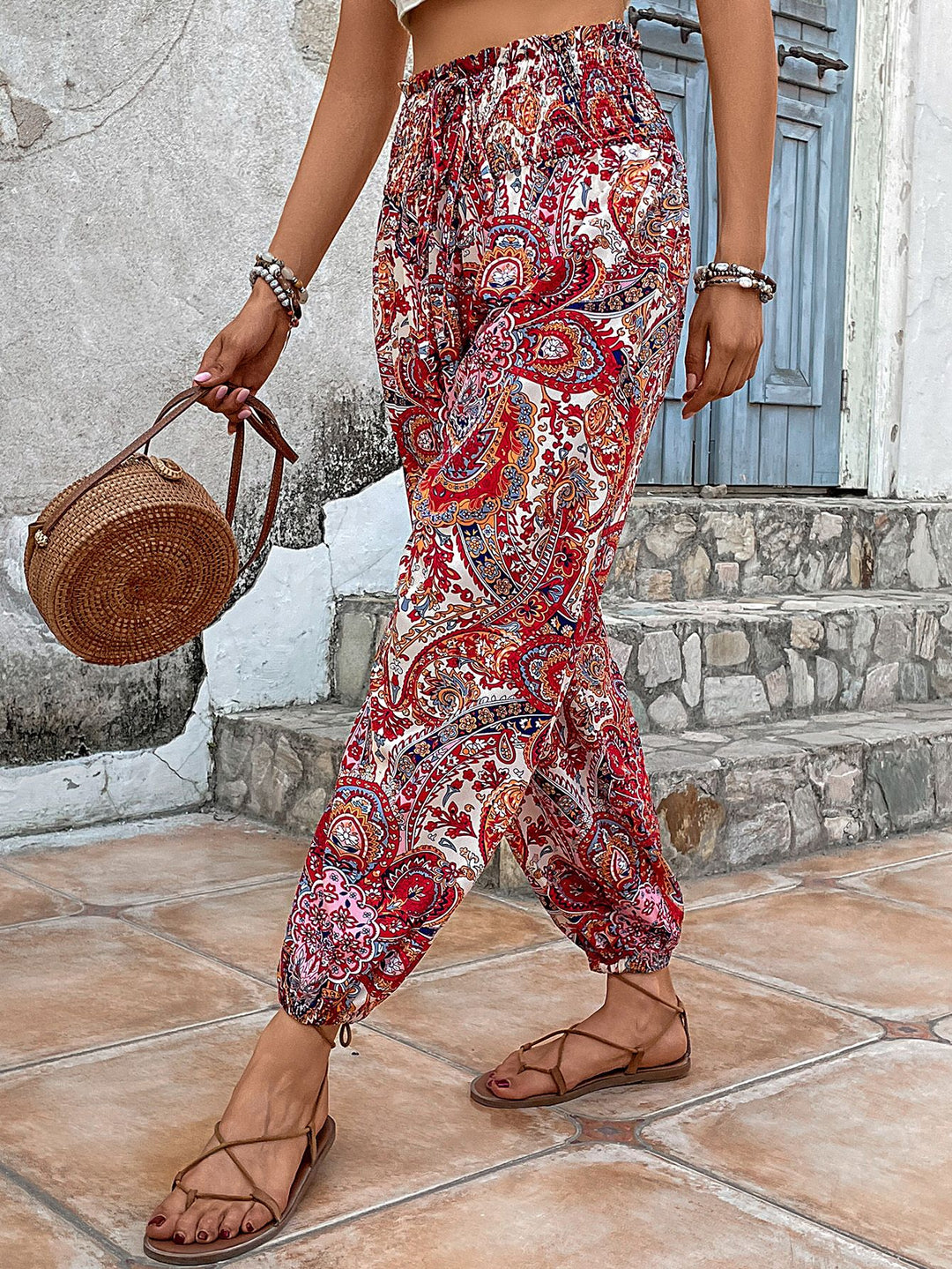 Paisley Print Smocked High-Waist Pants - Runway Frenzy 