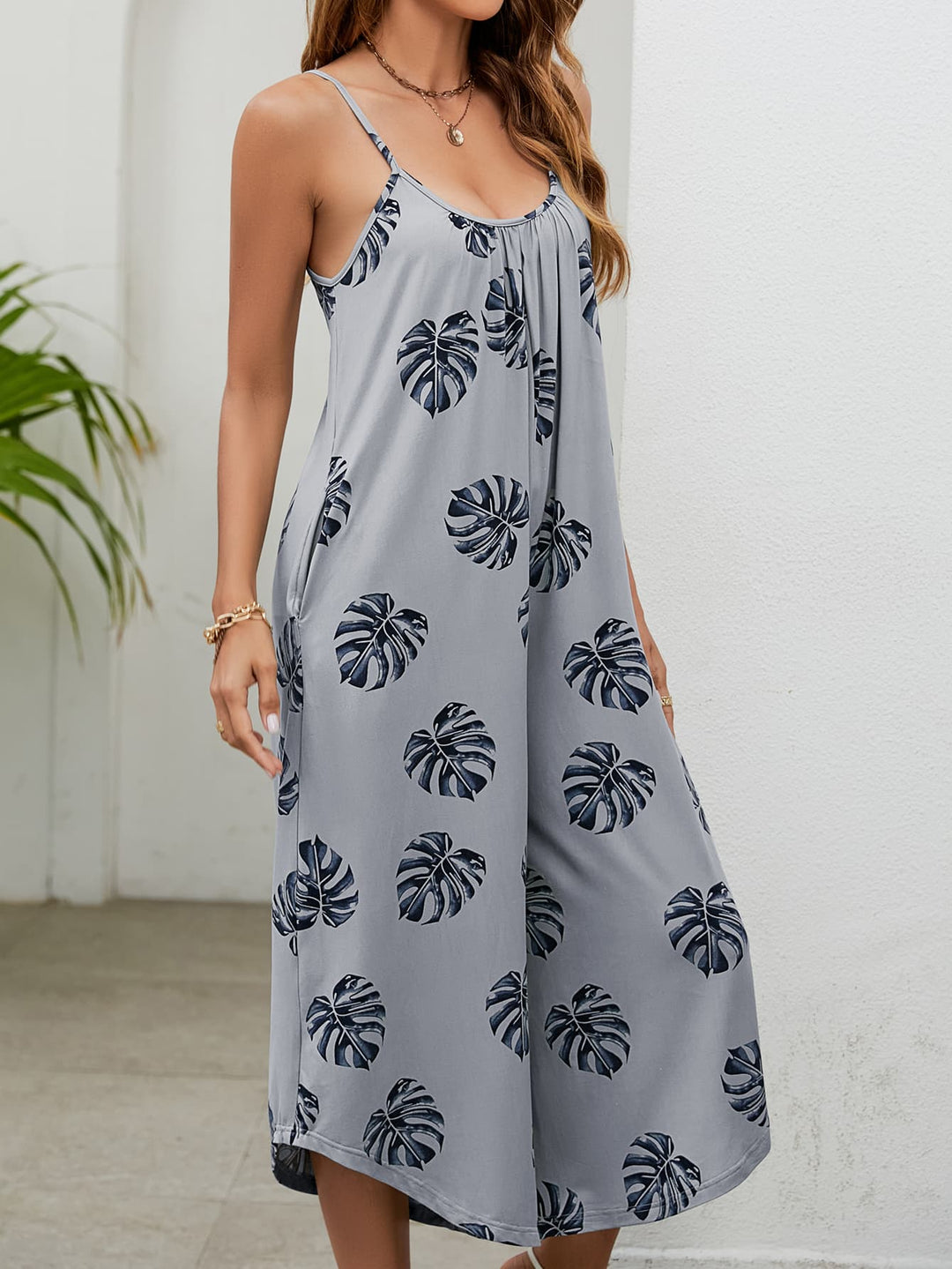 Botanical Print Spaghetti Strap Scoop Neck Jumpsuit - Runway Frenzy