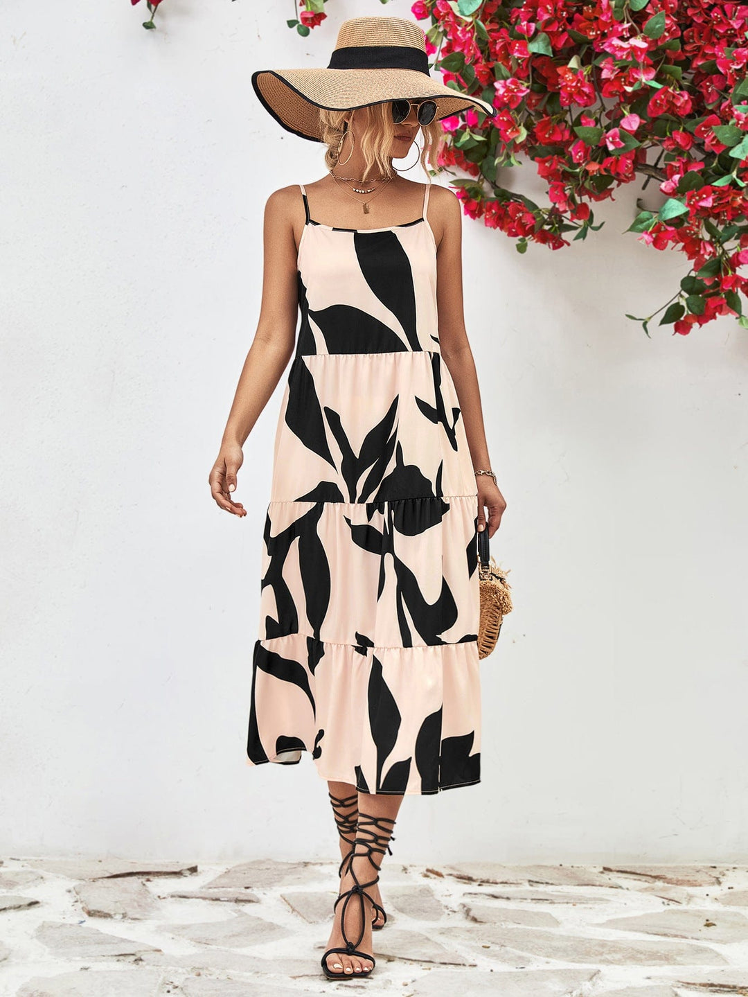 Printed Spaghetti Strap Tiered Midi Dress - Runway Frenzy