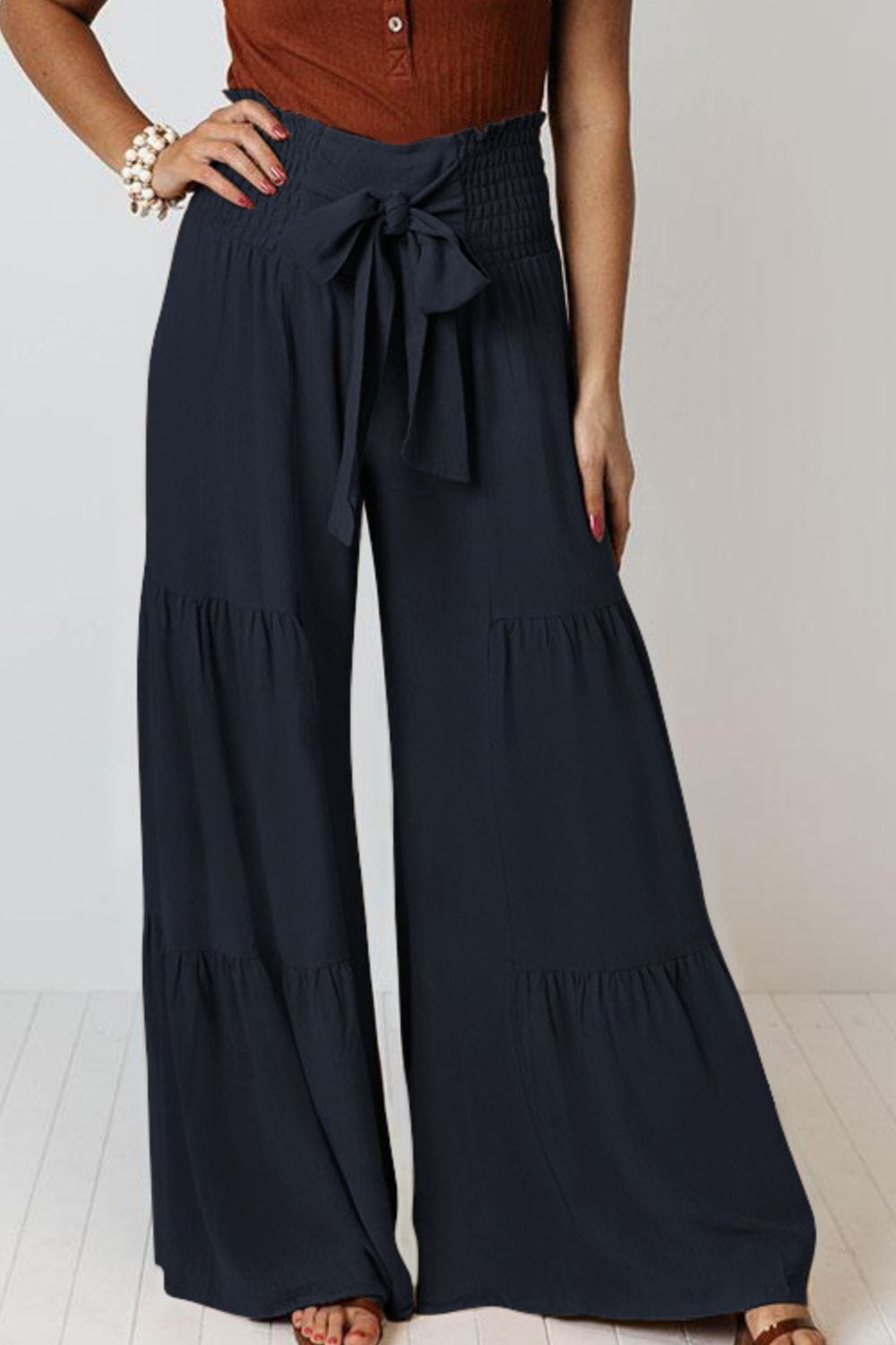 Tie Front Smocked Tiered Culottes - Runway Frenzy 