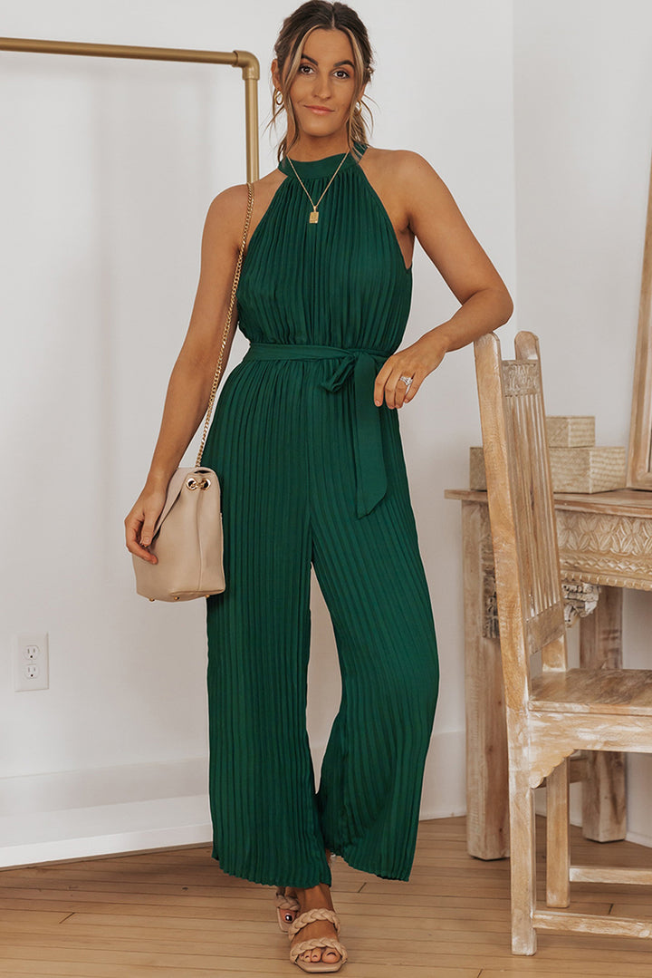 Accordion Pleated Belted Grecian Neck Sleeveless Jumpsuit - Runway Frenzy