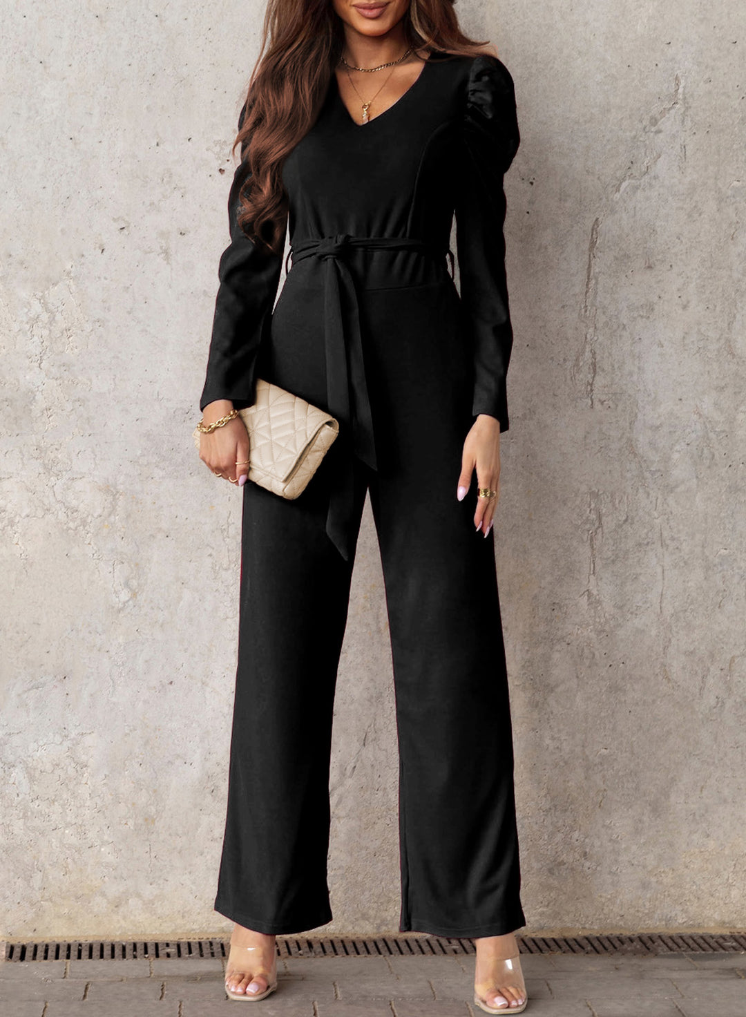 Belted Long Puff Sleeve V-Neck Jumpsuit - Runway Frenzy