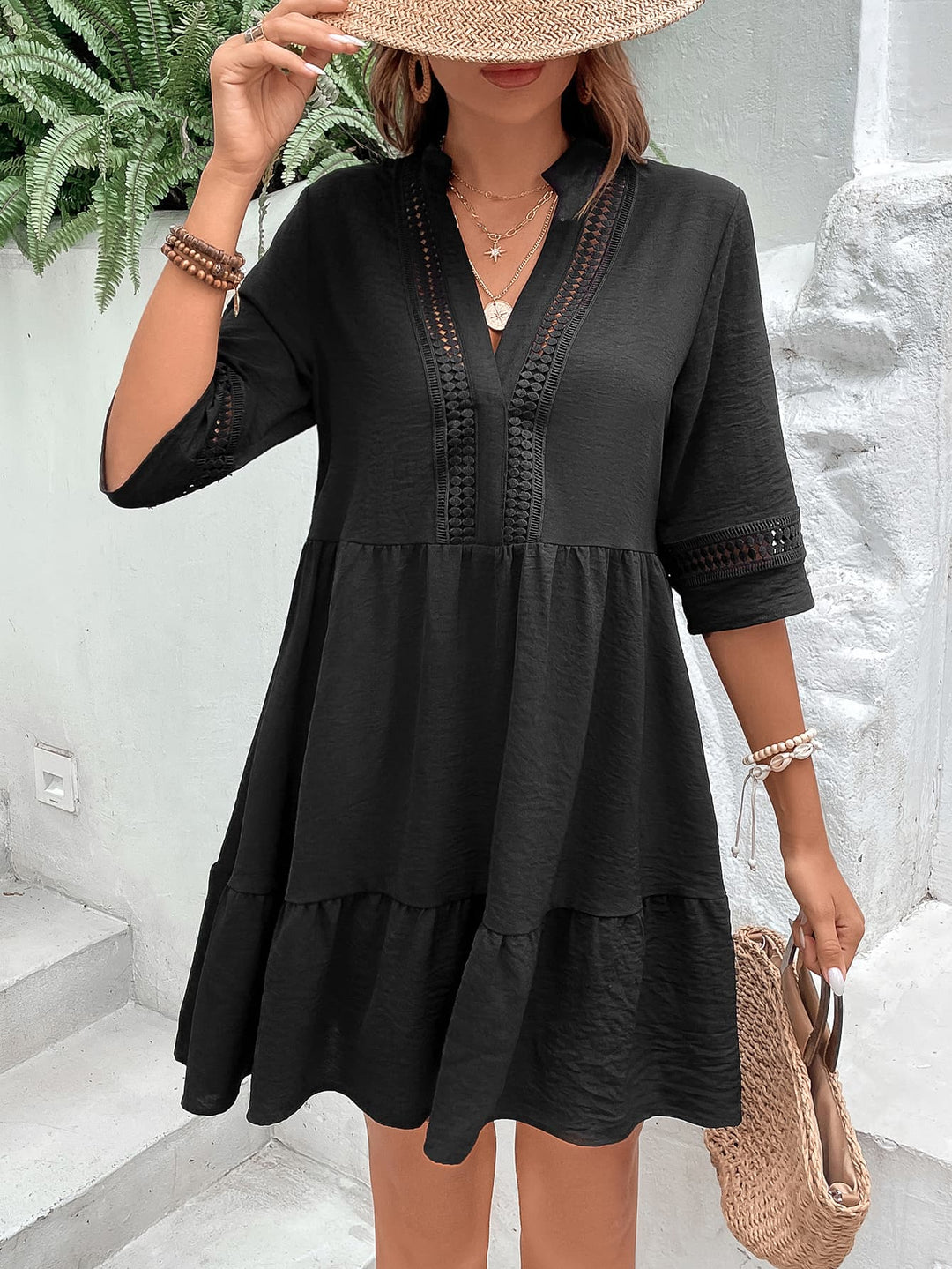 Notched Neck Half Sleeve Dress - Runway Frenzy 