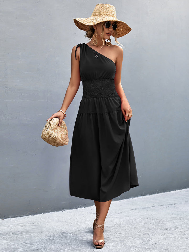 Asymmetrical One Shoulder Smocked Waist Midi Dress - Runway Frenzy