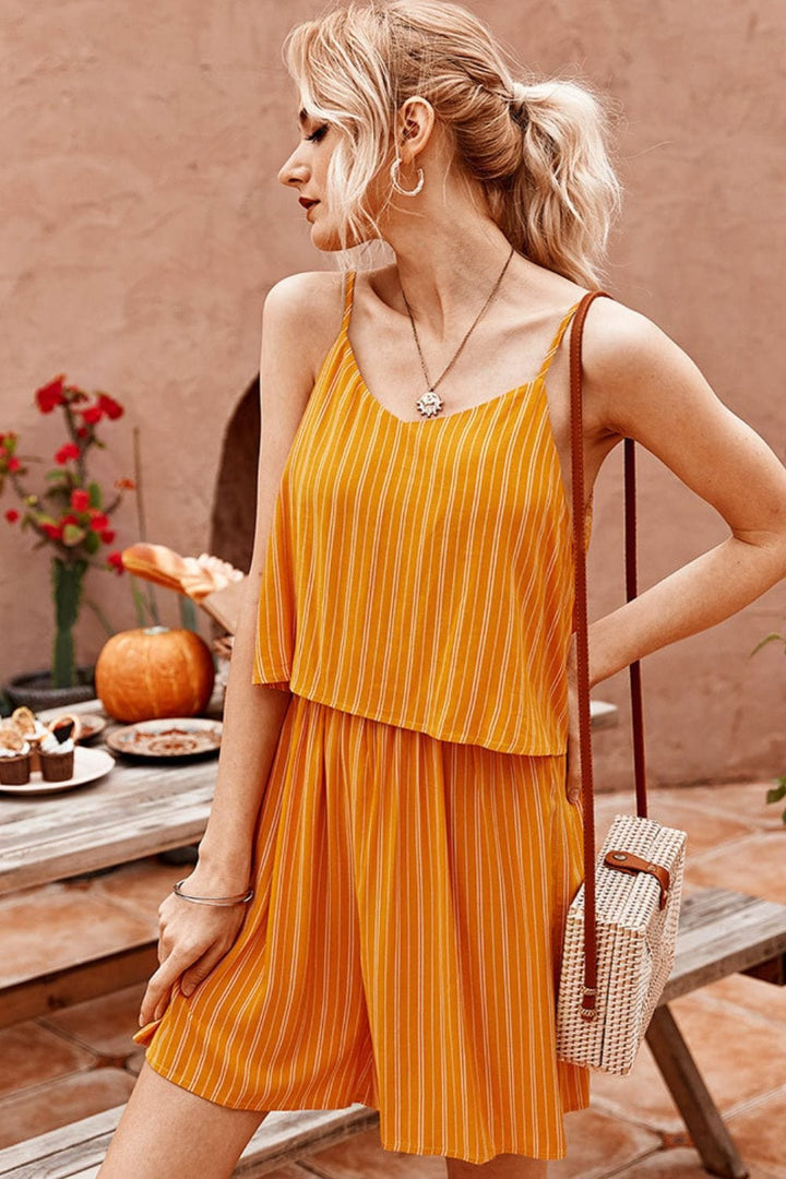 Striped Spaghetti Strap V-Neck Romper - Runway Frenzy 