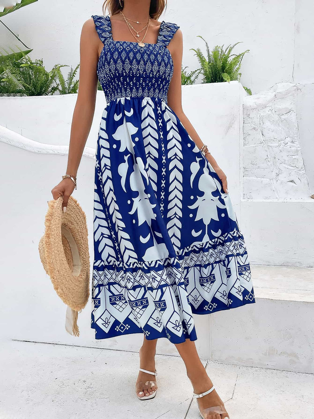 Printed Square Neck Sleeveless Midi Dress - Runway Frenzy