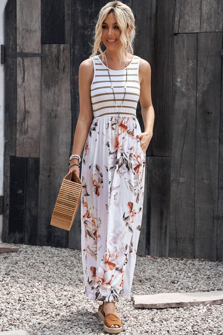 Striped Floral Round Neck Sleeveless Maxi Dress - Runway Frenzy 