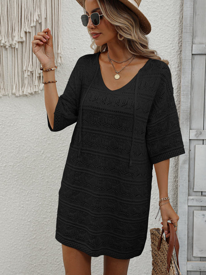 Openwork V-Neck Mini Knit Dress - Runway Frenzy 