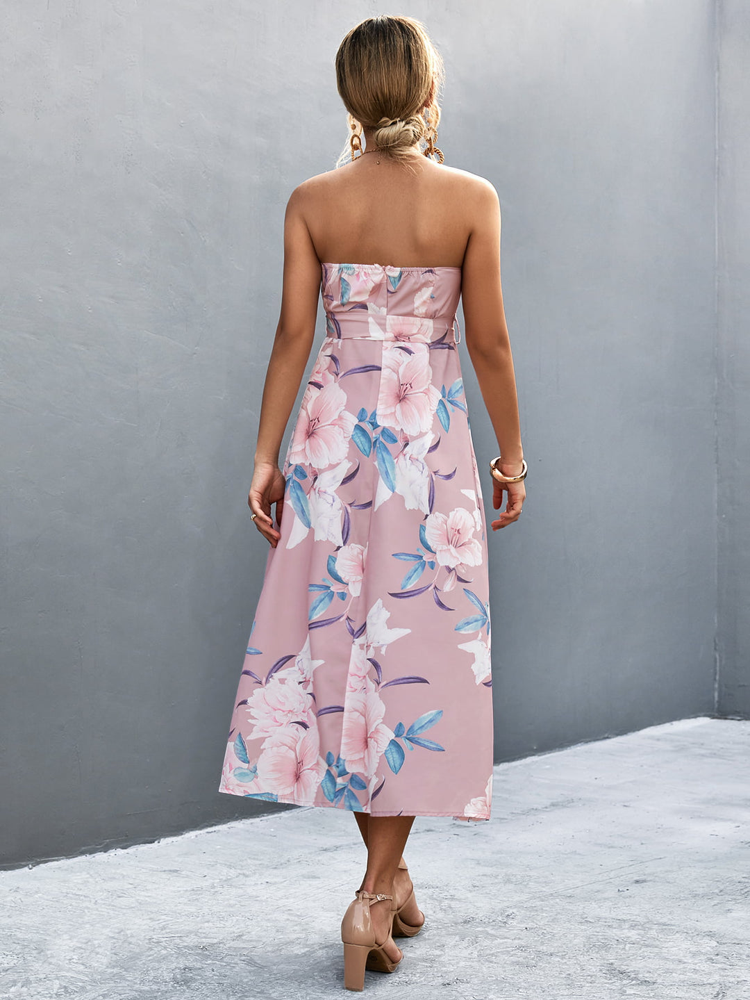 Floral Print Tie Waist Straight Neck Midi Dress - Runway Frenzy