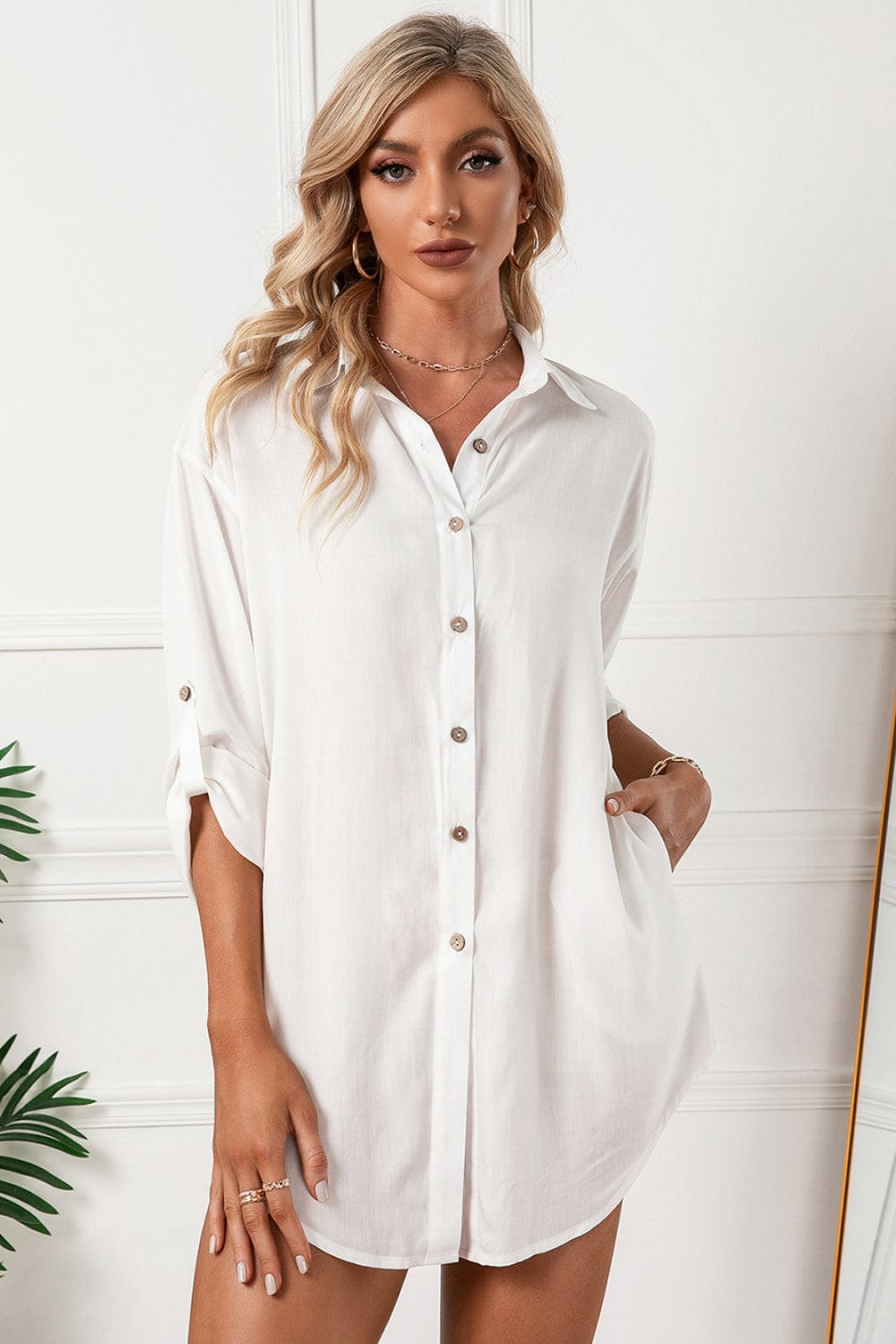 Solid Button Up Drop Shoulder Blouse - Runway Frenzy 